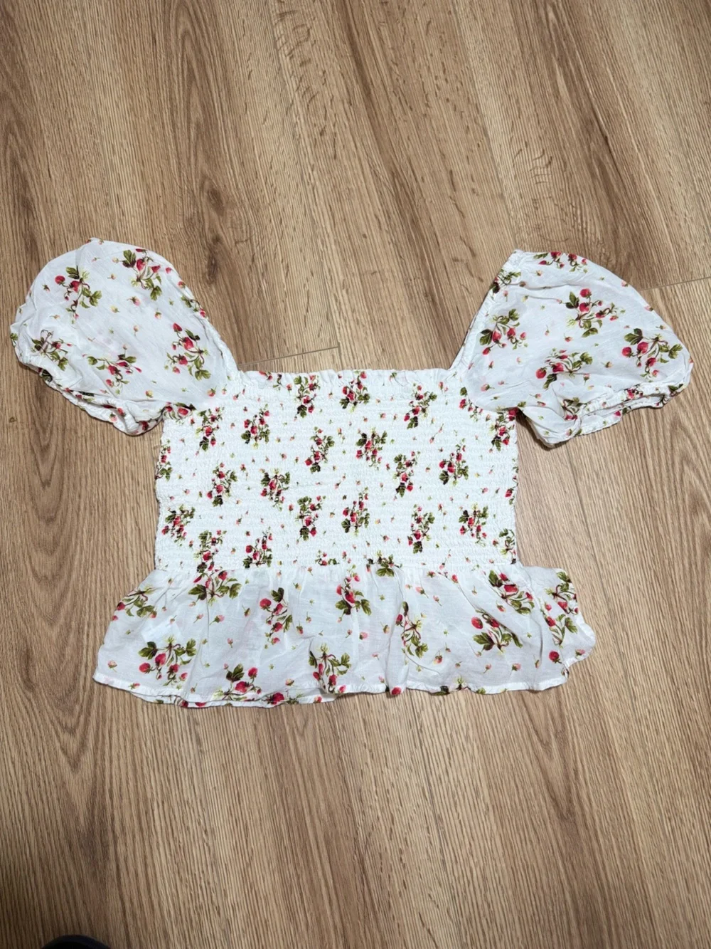 J. Crew White Floral Smocked Crop Top with Puff Sleeves and Peplum